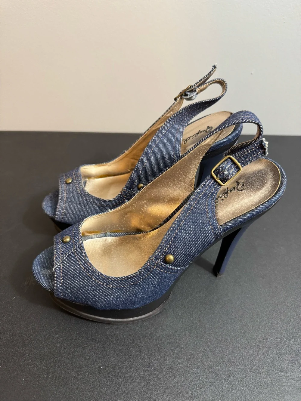 Qupid Denim Peep-Toe Slingback Wedges - Blue